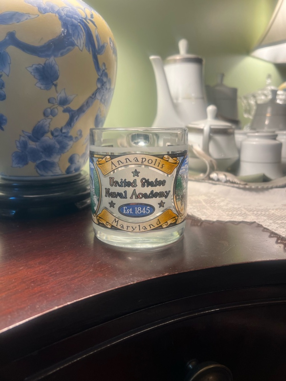 Vintage United States Naval Academy Annapolis Glass Mug- Blue and Yellow
